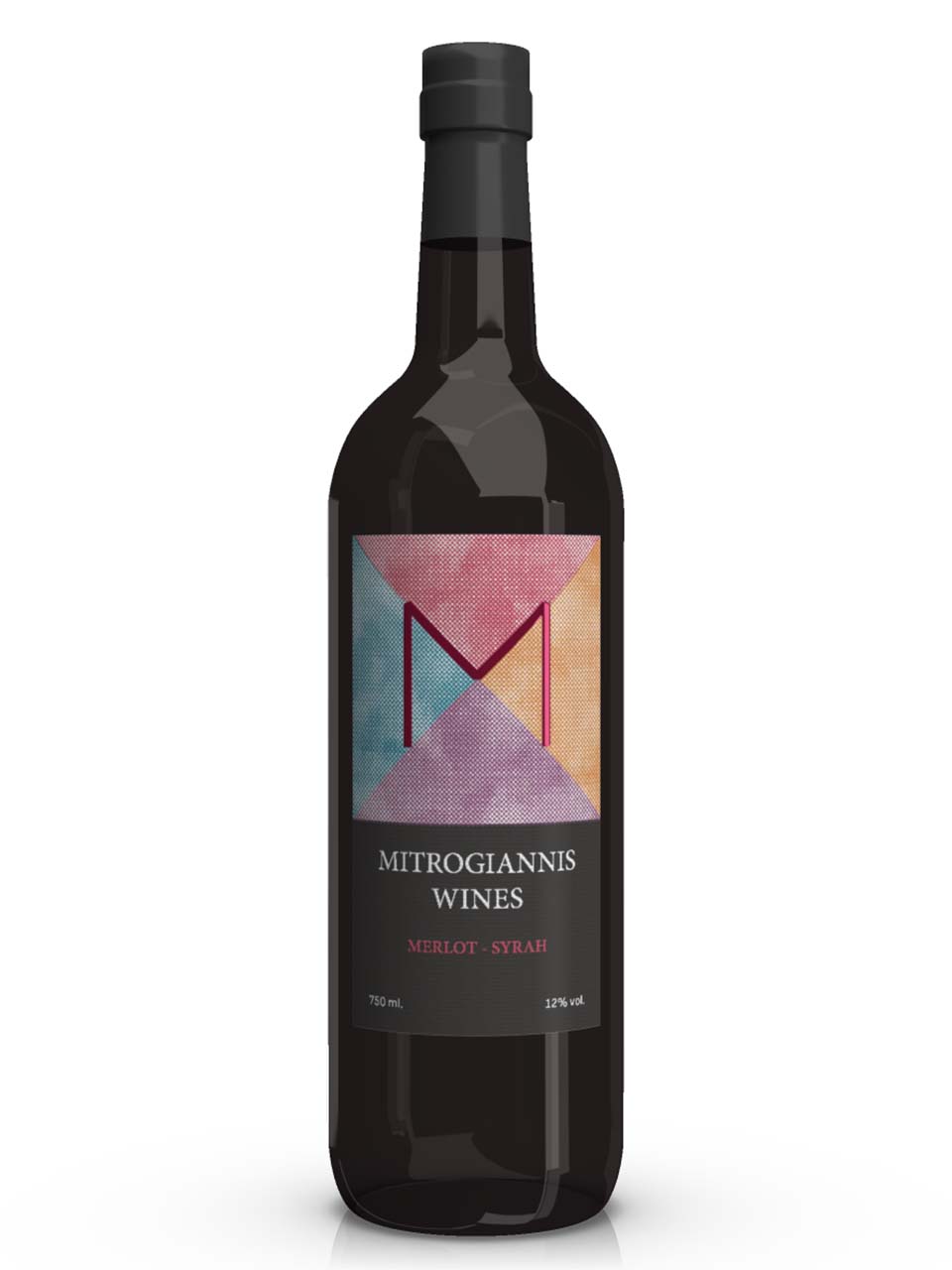 Premium red wine adhesive label design for Mitrogiannis Wines featuring modern typography and branding. NO IDEA. Branding Graphic Design Agency.