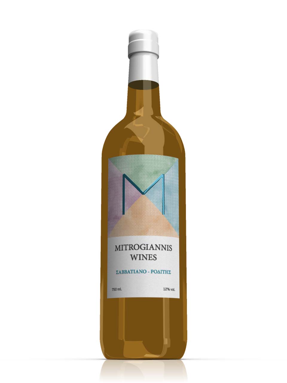 Elegant white wine bottle adhesive label design with minimalist aesthetic for Mitrogiannis Wines. NO IDEA. Branding Graphic Design Agency.