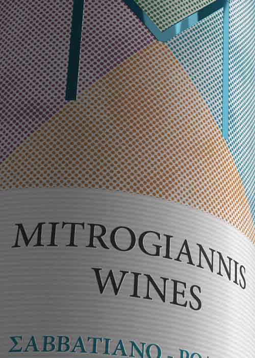 Visual detail of white wine sticker label featuring refined typography and clean design language. NO IDEA. Branding Graphic Design Agency.