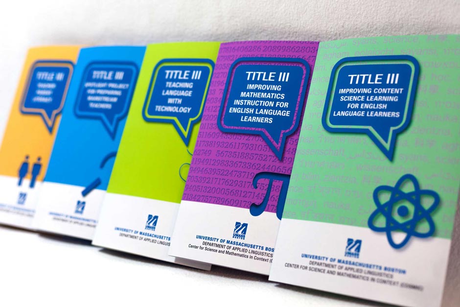 Print collateral for UMASS Applied Linguistics featuring elegant composition and academic branding. NO IDEA. Branding Graphic Design Agency.