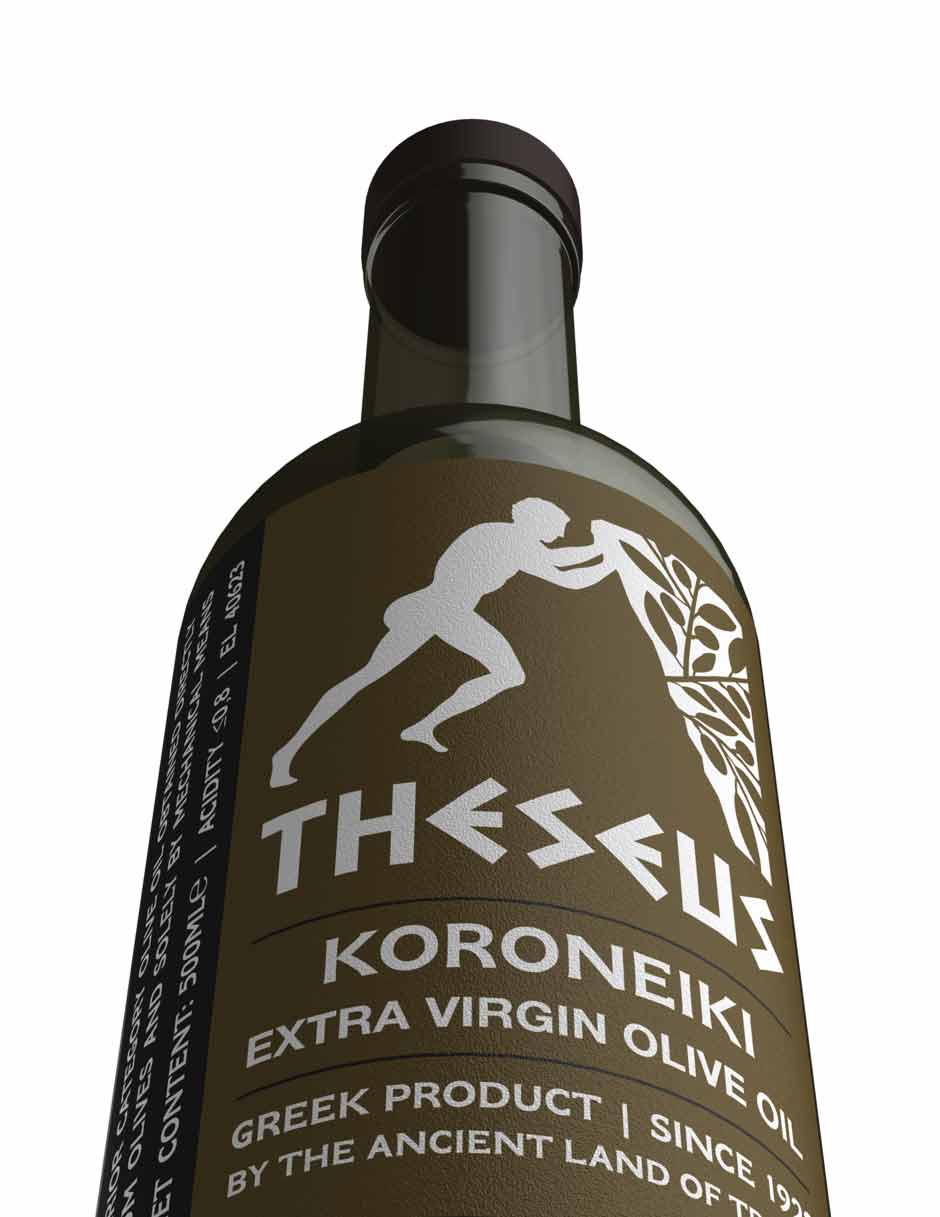 Theseus extra virgin olive oil bottle featuring distinctive shape and premium packaging design. NO IDEA. Branding Graphic Design Agency.