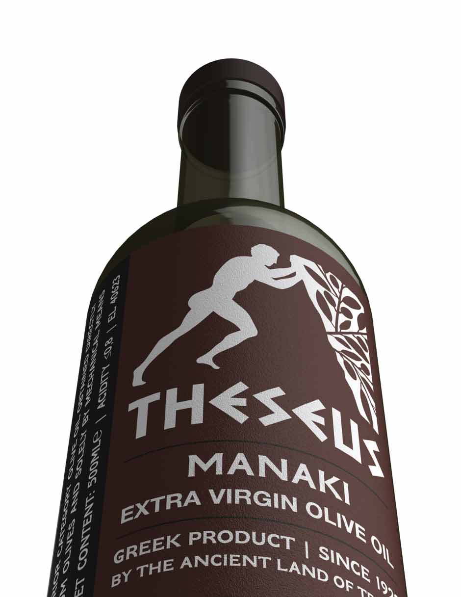 Detail view of Theseus Greek olive oil labeling with heritage-inspired design elements. NO IDEA. Branding Graphic Design Agency.