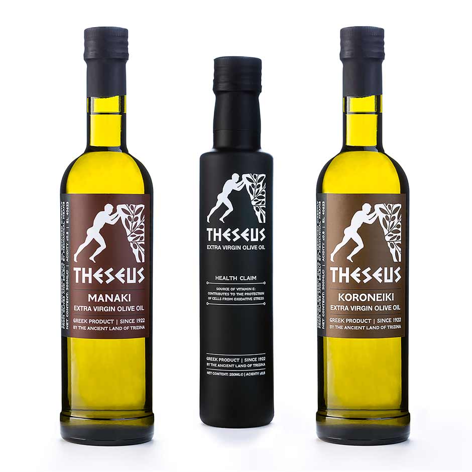 Complete Theseus extra virgin olive oil brand identity system with bottle, packaging and visual elements. NO IDEA. Branding Graphic Design Agency.