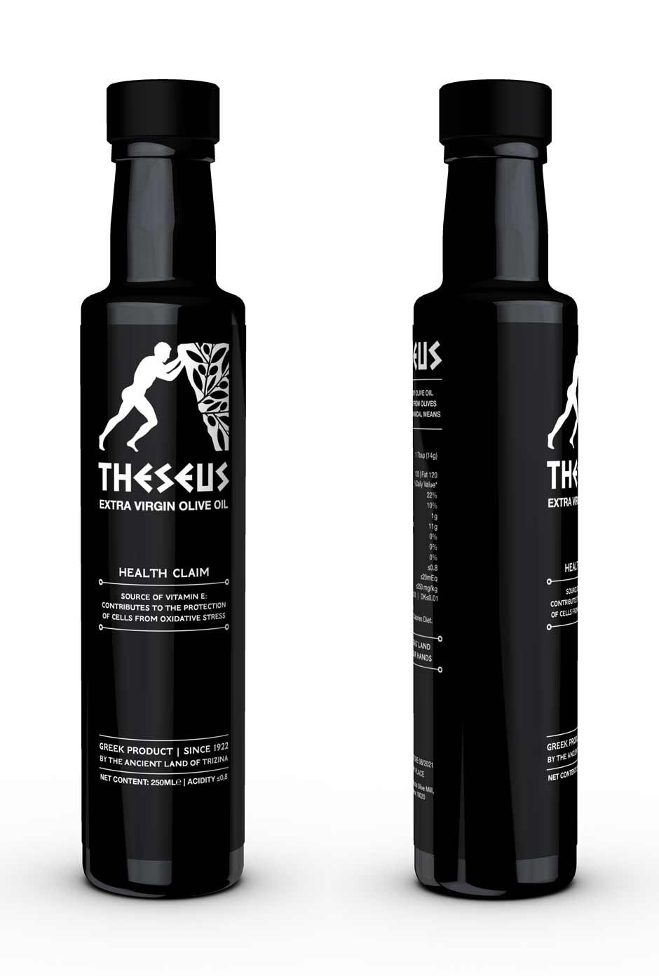 Premium Theseus olive oil bottle with elegant black label design showcasing authentic Greek branding. NO IDEA. Branding Graphic Design Agency.