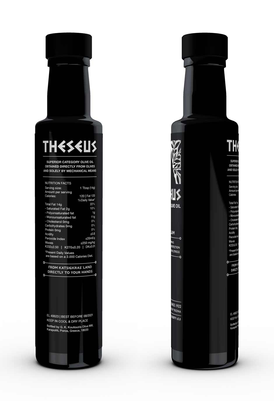 Close-up of Greek extra virgin olive oil label featuring minimalist typography and traditional imagery. NO IDEA. Branding Graphic Design Agency.