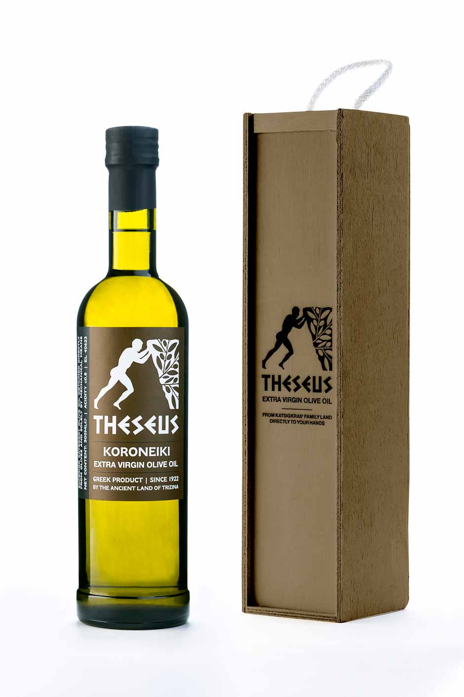 Luxury Theseus olive oil packaging design with protective box and premium presentation. NO IDEA. Branding Graphic Design Agency.