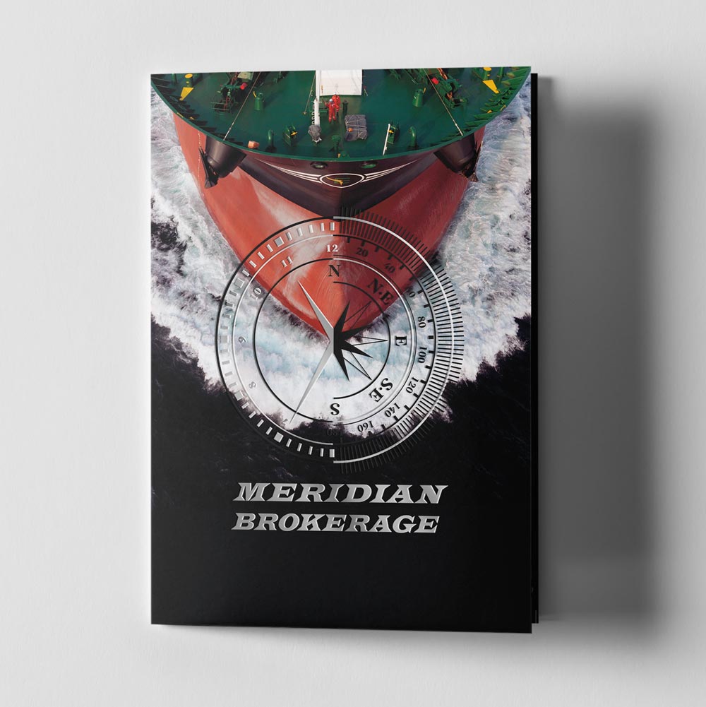 Professional maritime brochure design for Meridian Brokerage featuring ship chartering services. NO IDEA. Branding Graphic Design Agency.