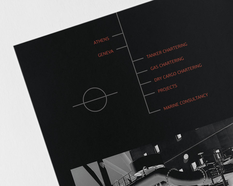 Maritime industry catalog design featuring vessel chartering information and company credentials. NO IDEA. Branding Graphic Design Agency.