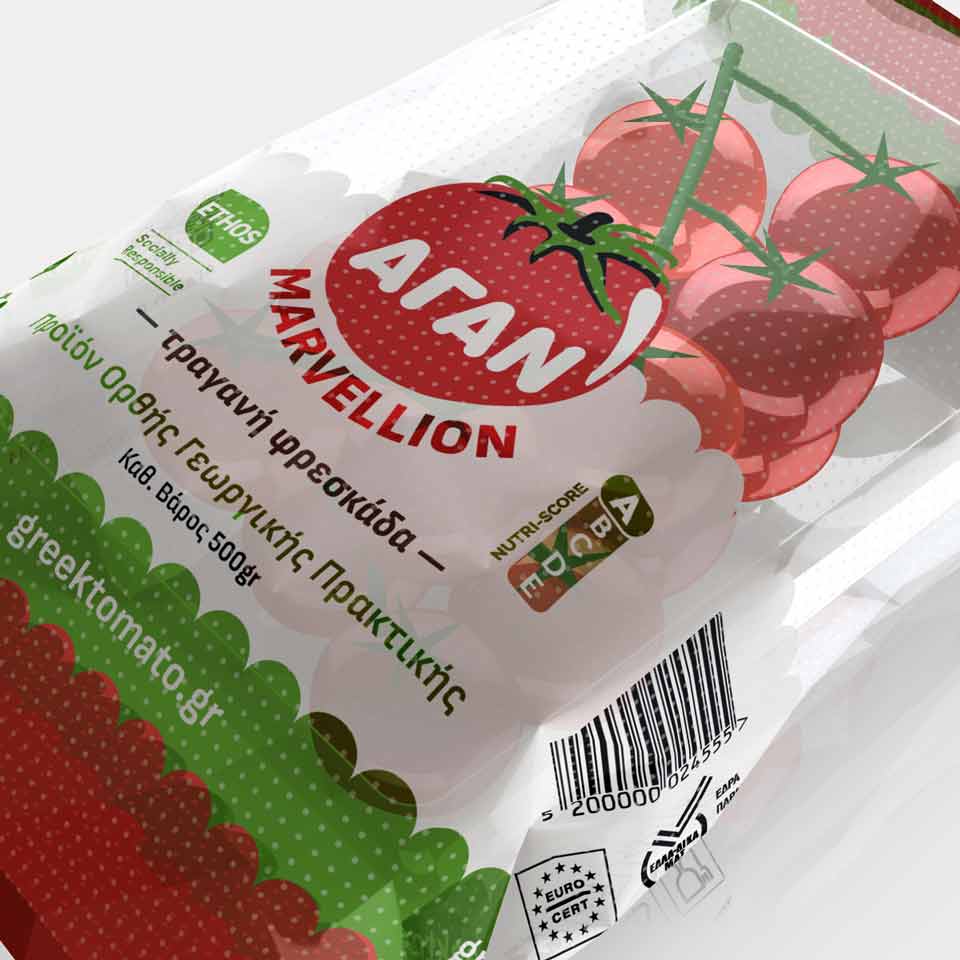 Close-up detail of Cherry tomato packaging design with transparent tray and printed flexible flow-pack film. NO IDEA Branding Graphic Design Agency