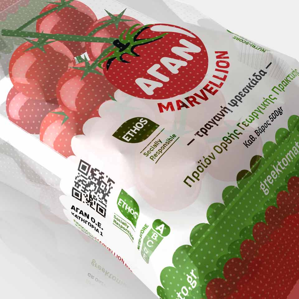 Detailed view of Cherry tomato packaging design with transparent tray and printed flexible flow-pack film. NO IDEA Branding Graphic Design Agency