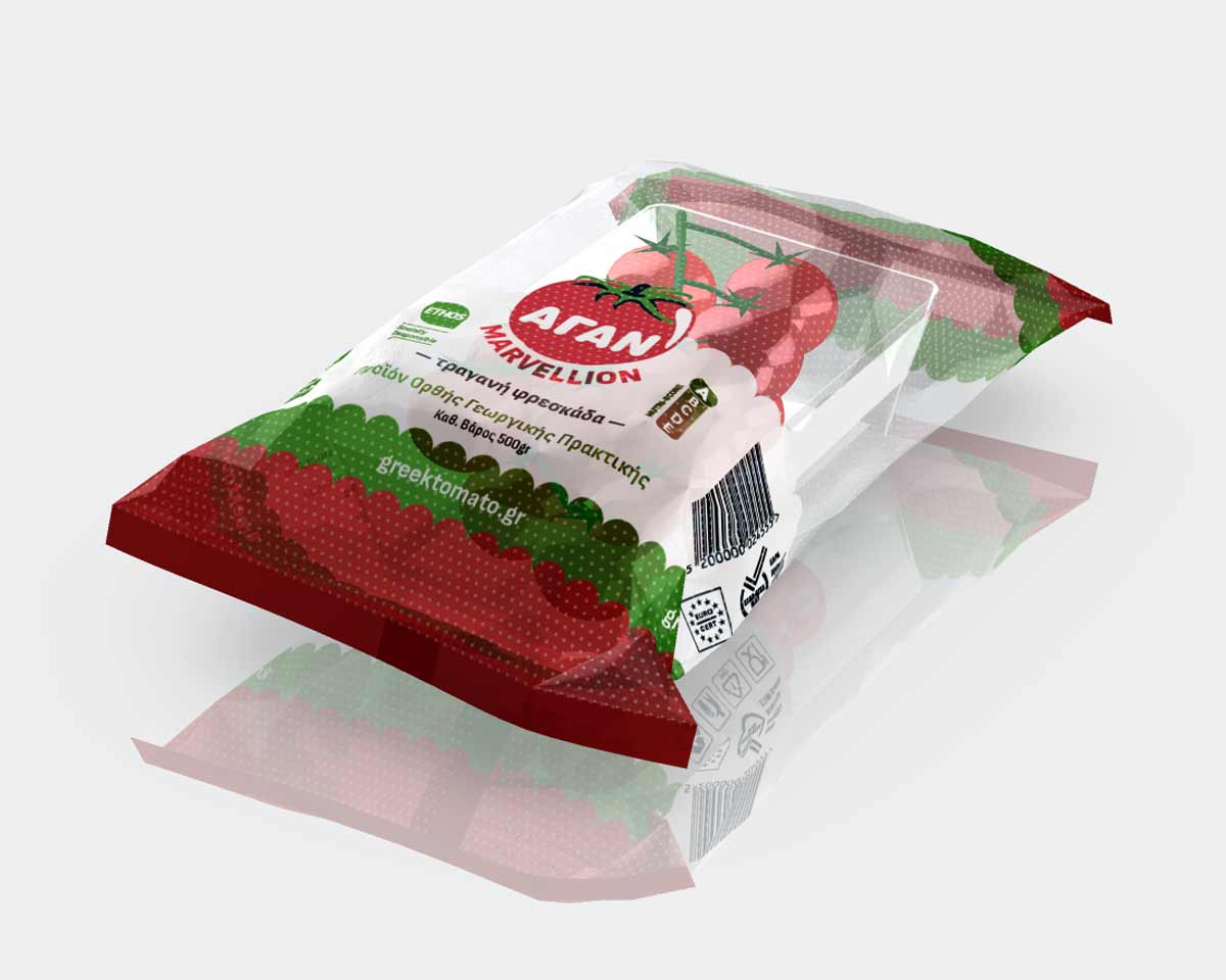 Cherry tomato packaging design with transparent tray and printed flexible flow-pack film, perspective view. NO IDEA Branding Graphic Design Agency