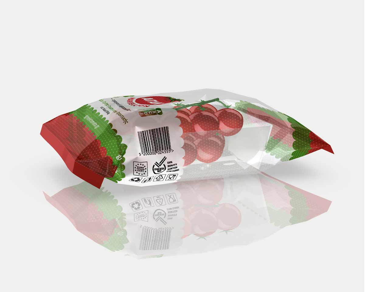 Cherry tomato packaging design with transparent tray and printed flexible flow-pack film, side view. NO IDEA Branding Graphic Design Agency