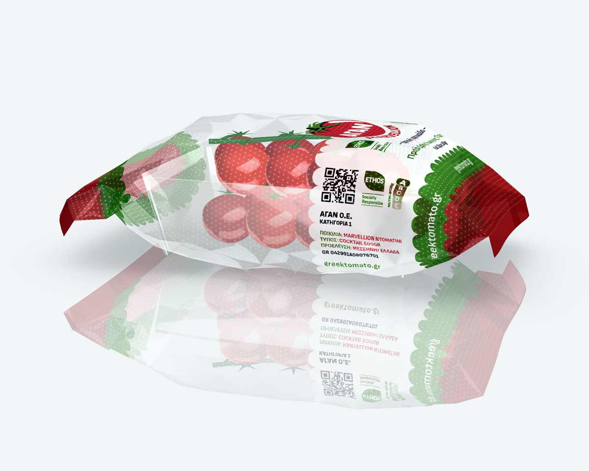 Cherry tomato packaging design with transparent tray and printed flexible flow-pack film, side view. NO IDEA Branding Graphic Design Agency