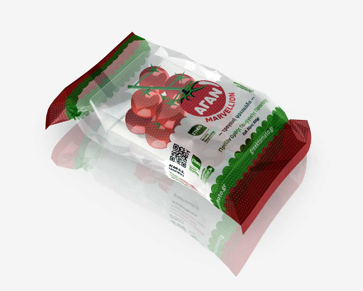 Cherry tomato packaging design with transparent tray and printed flexible flow-pack film, top view. NO IDEA Branding Graphic Design Agency