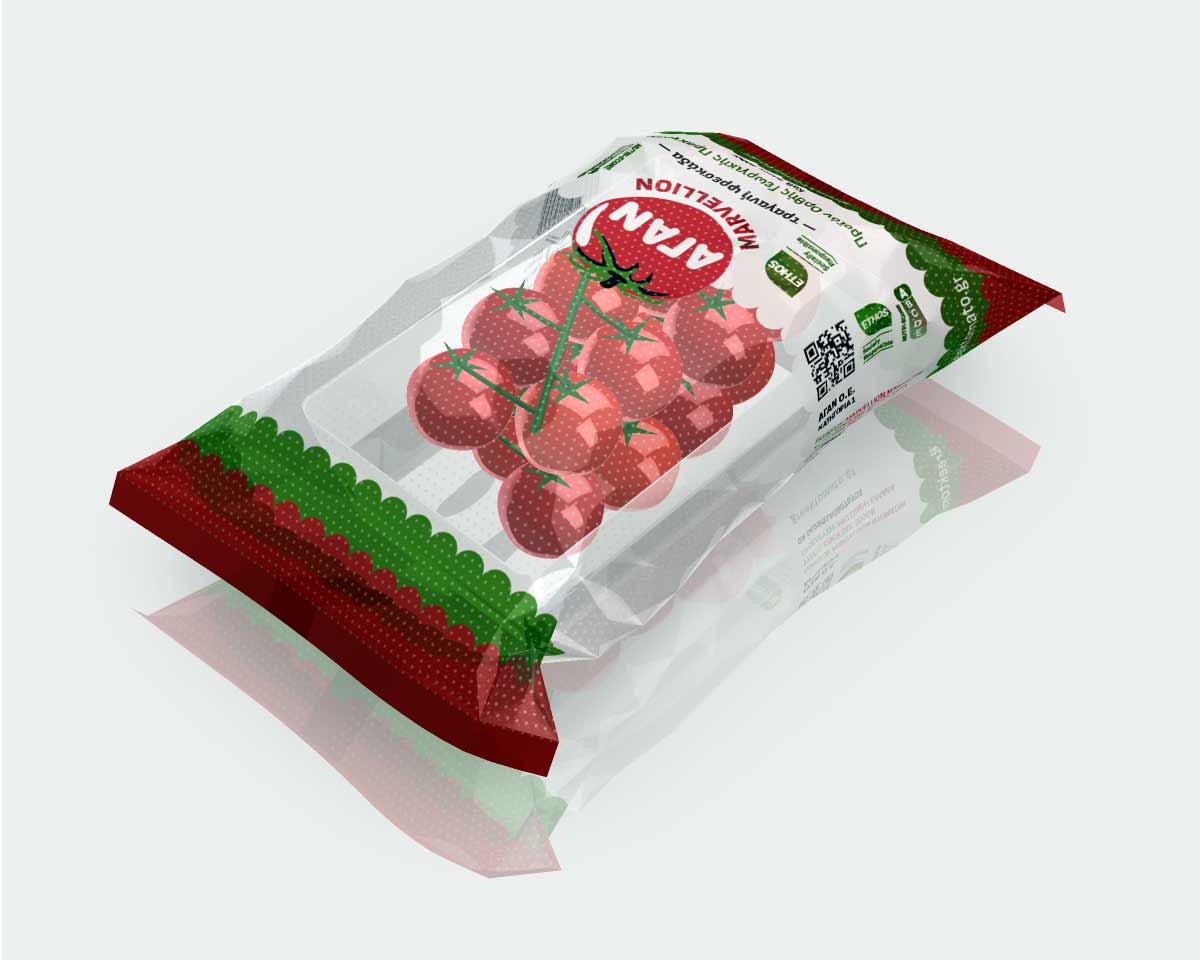 Cherry tomato packaging design with transparent tray and printed flexible flow-pack film, top view. NO IDEA Branding Graphic Design Agency