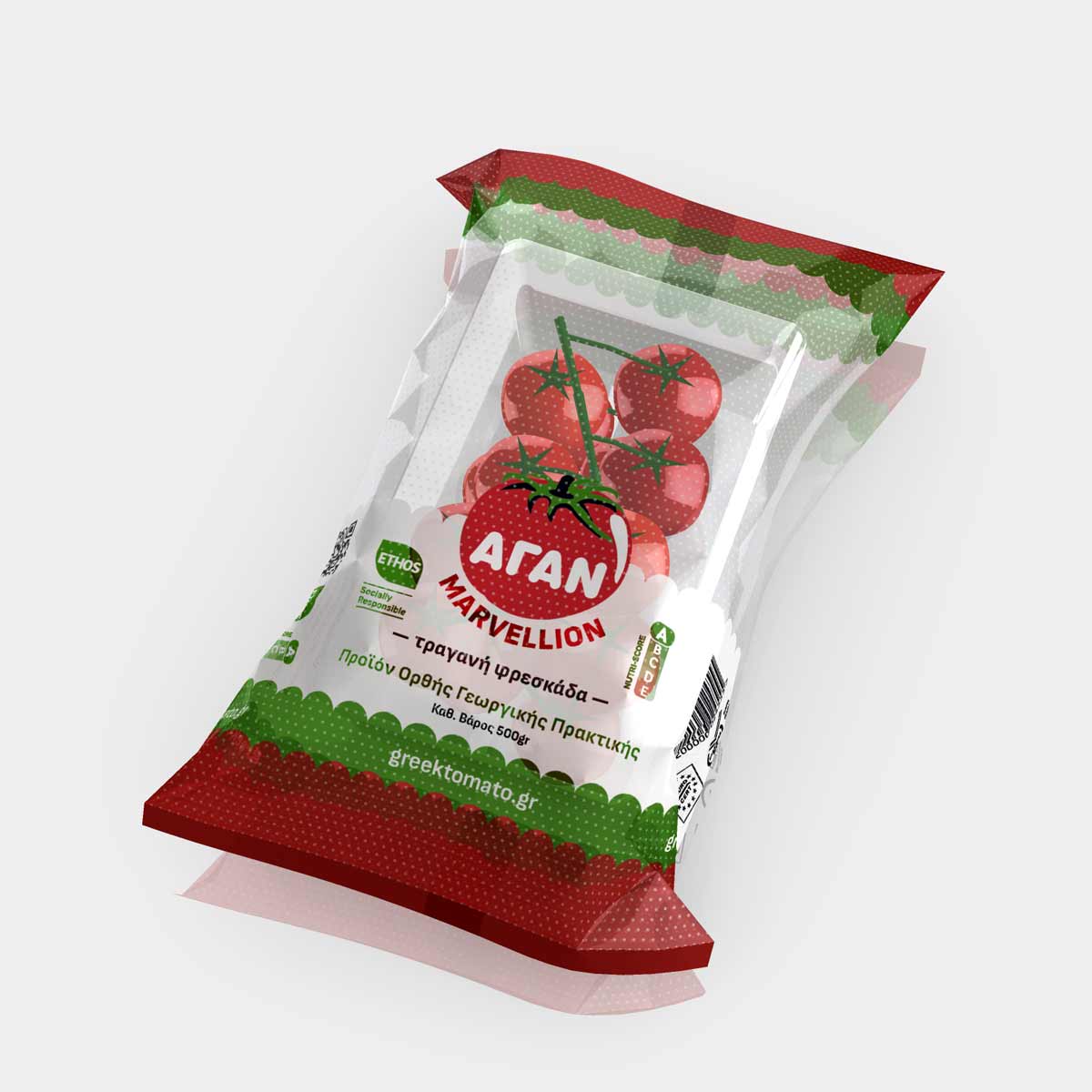Cherry tomato packaging design with transparent tray and printed flexible flow-pack film. NO IDEA Branding Graphic Design Agency