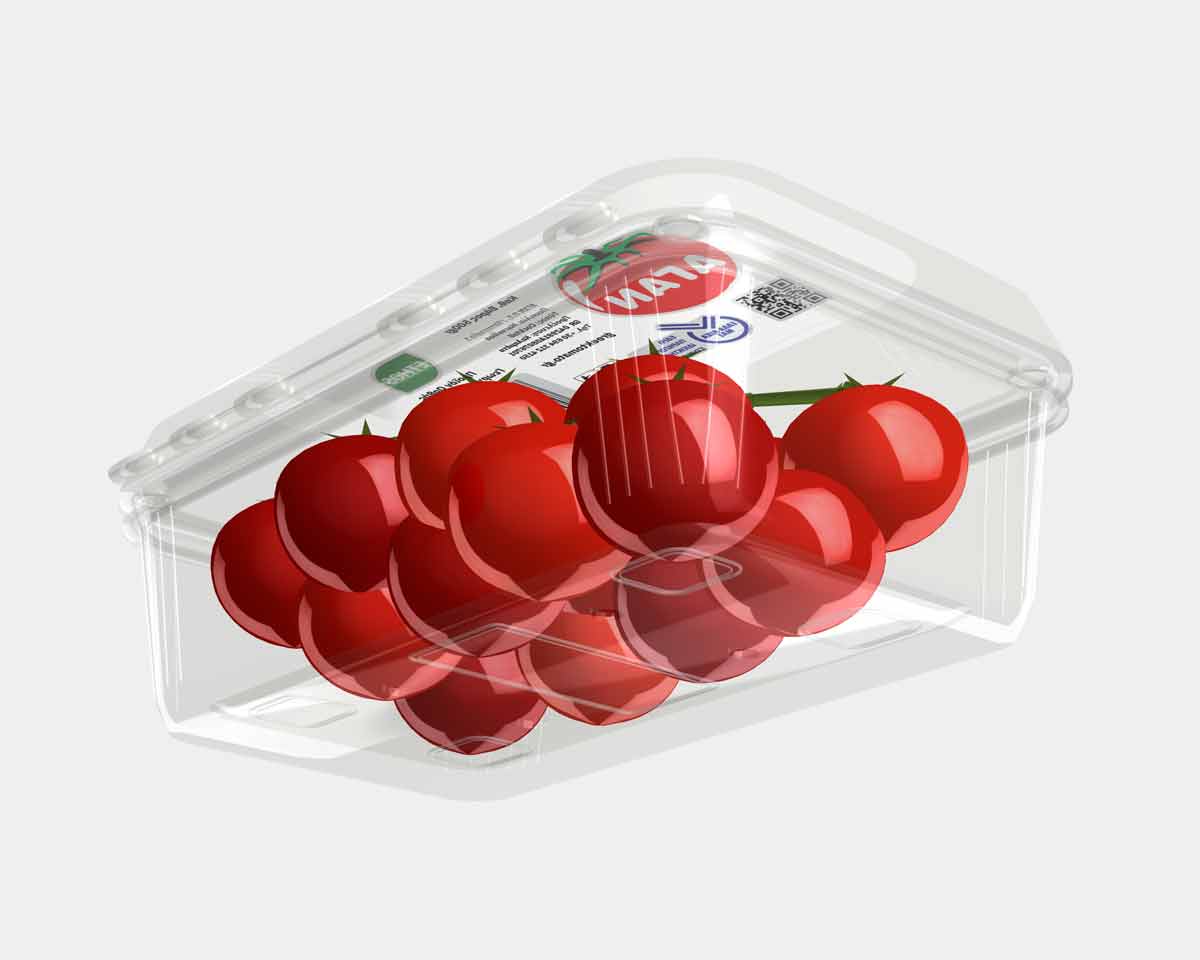 Premium Cherry tomato packaging design with transparent R-PET clamshell and top label, bottom view. NO IDEA Branding Graphic Design Agency