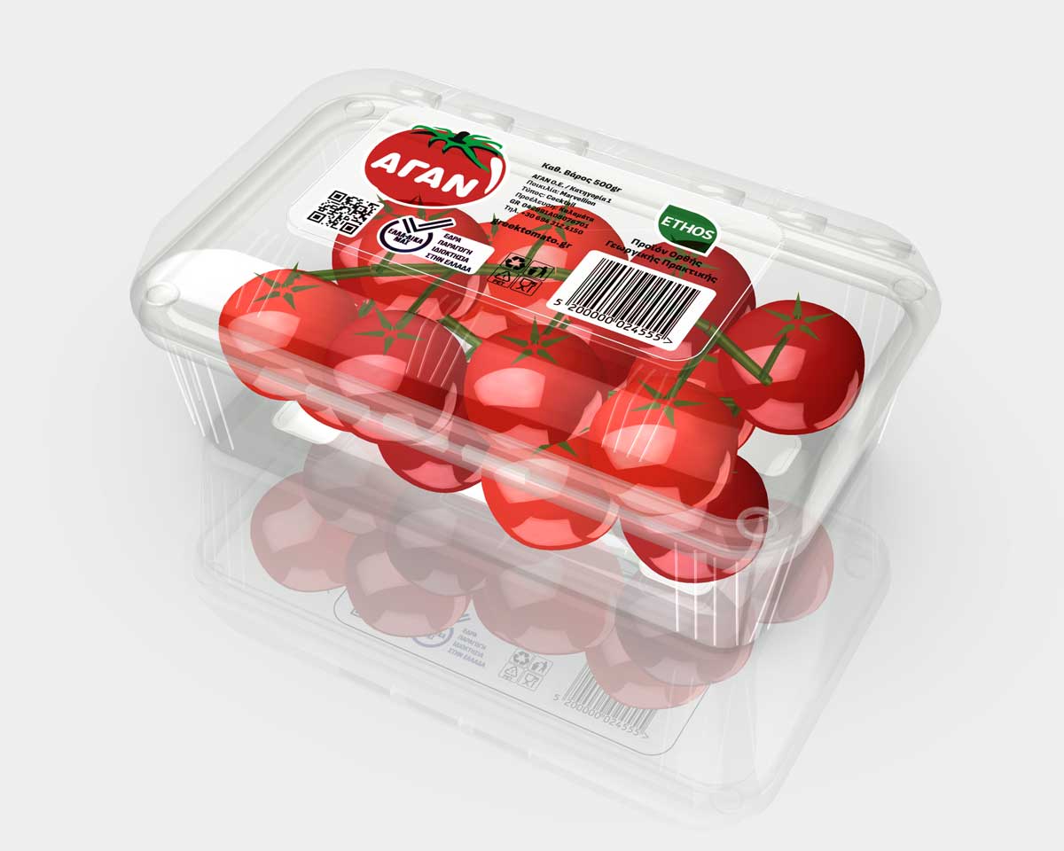 Premium tomato packaging design with transparent R-PET clamshell and top label, illustration view. NO IDEA Branding Graphic Design Agency
