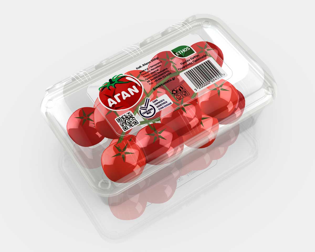 Premium Cherry tomato packaging design with transparent R-PET clamshell and top label, perspective view. NO IDEA Branding Graphic Design Agency