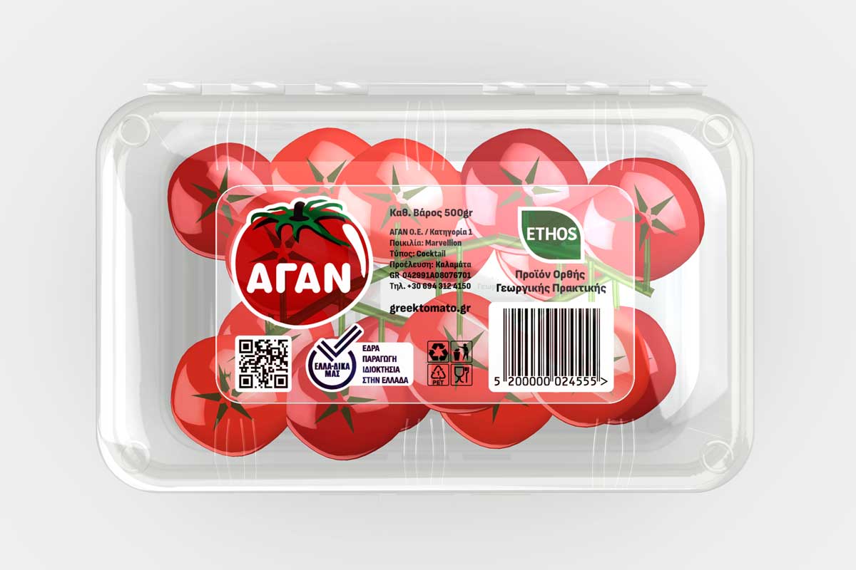 Cherry tomato packaging design with transparent R-PET clamshell and top label. NO IDEA Branding Graphic Design Agency