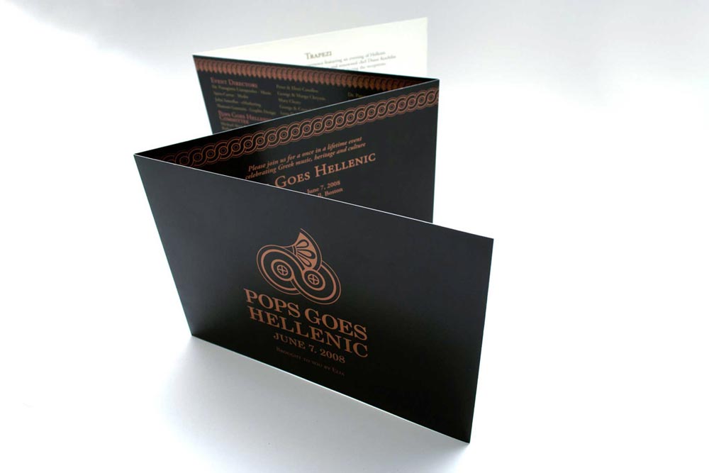 Cultural music event program design with Greek-inspired visual elements. NO IDEA. Branding Graphic Design Agency.