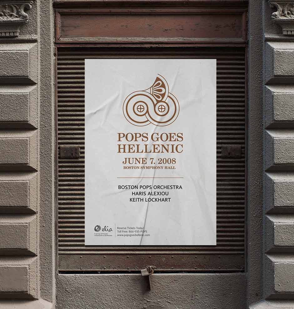 Cultural event poster for Boston Pops Goes Hellenic with Greek design elements. NO IDEA. Branding Graphic Design Agency.