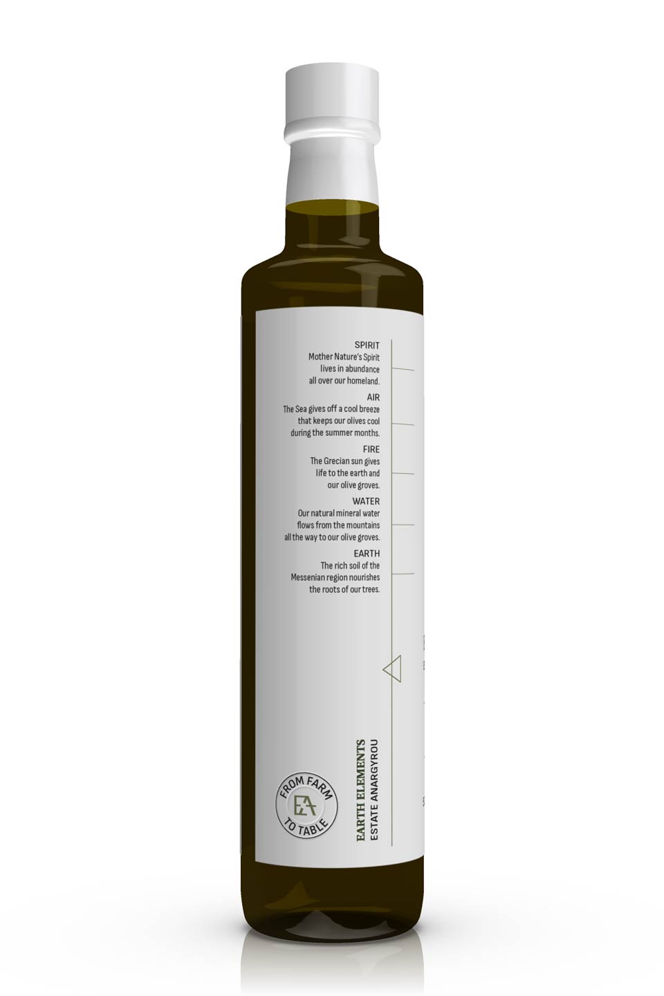 Adhesive label design for premium Greek olive oil Earth Elements glass bottles. NO IDEA. Branding Graphic Design Agency.