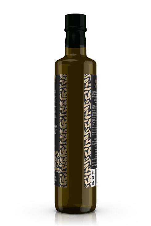 Modern Greek olive oil branding with high-quality packaging and sophisticated label design. NO IDEA. Branding Graphic Design Agency.