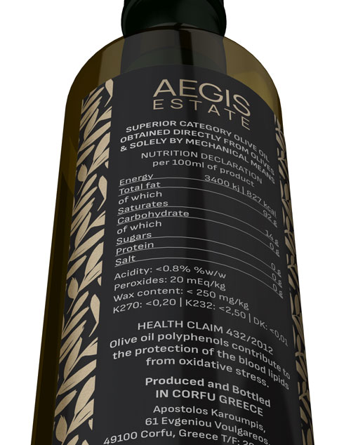 Close-up details of olive oil packaging with minimalist typography and clean design. NO IDEA. Branding Graphic Design Agency.