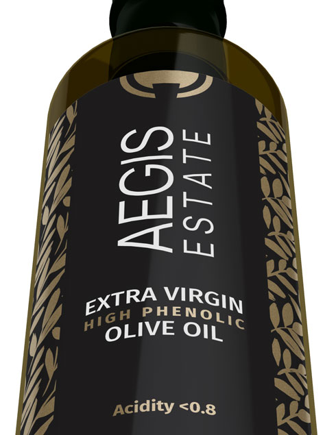 Elegant label design for glass bottle of Greek extra virgin olive oil with modern aesthetics. NO IDEA. Branding Graphic Design Agency.