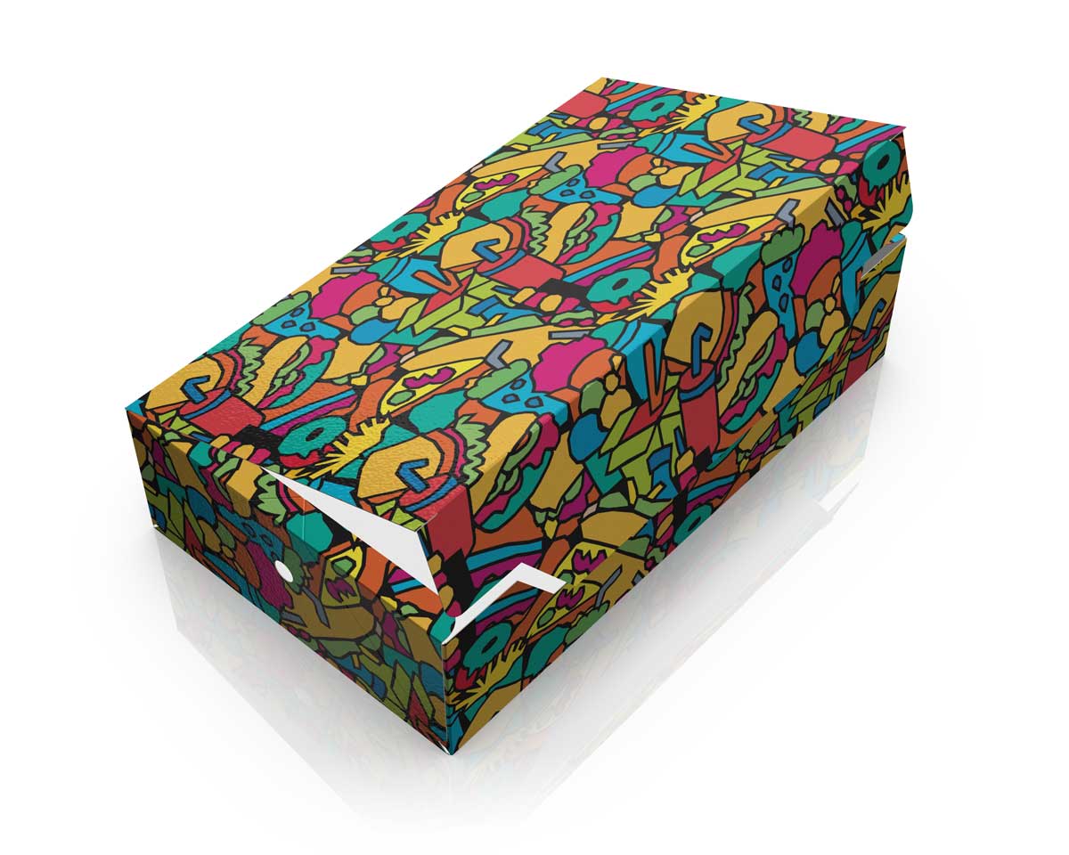 Delivery food box design with bold colourful pop-style food illustration. NO IDEA Branding Graphic Design Agency