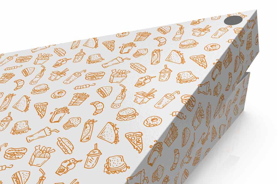 Σχεδιασμός συσκευασίας φαγητού take away με πρωτότυπη πορτοκαλί εικονογράφηση τροφίμων σε λευκό κουτί. Γραφιστικό Δημιουργικό Γραφείο NO IDEA