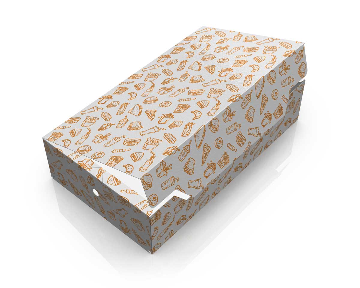 Takeaway food packaging design with custom food pattern illustration. NO IDEA Branding Graphic Design Agency