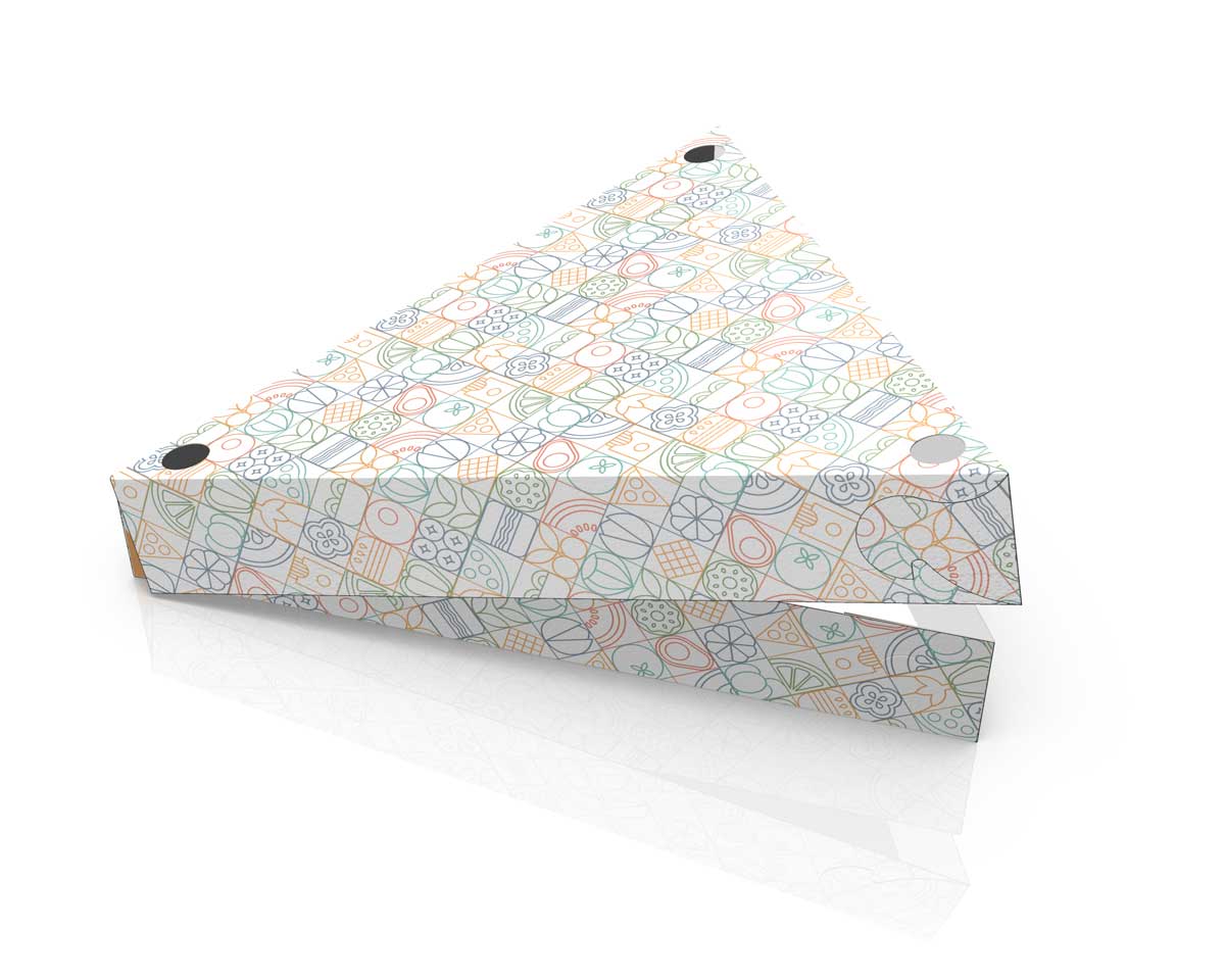 Takeaway food packaging design with fine multicolour line-art food pattern. NO IDEA Branding Graphic Design Agency