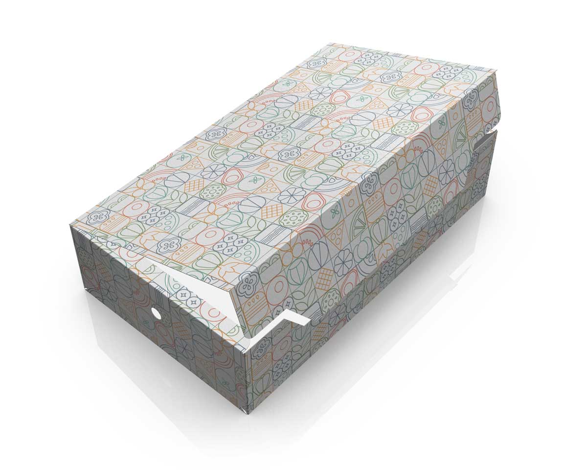 Delivery food packaging design with fine multicolour line-art food pattern. NO IDEA Branding Graphic Design Agency