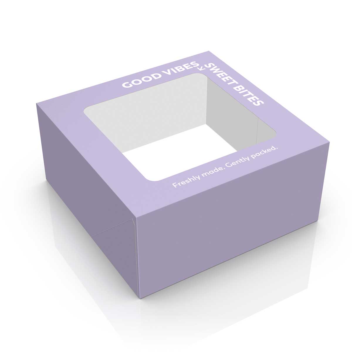 Lilac pastry box design with window die cut, typographic message and soft pastel colors. NO IDEA Branding Graphic Design Agency