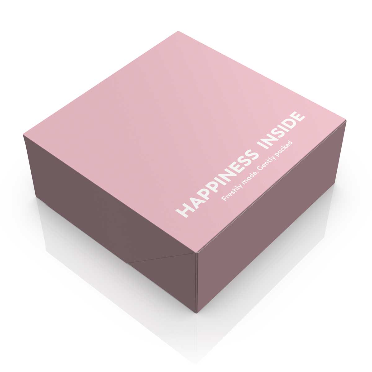 Pink pastry box design with die cut, typographic message and soft pastel colors. NO IDEA Branding Graphic Design Agency