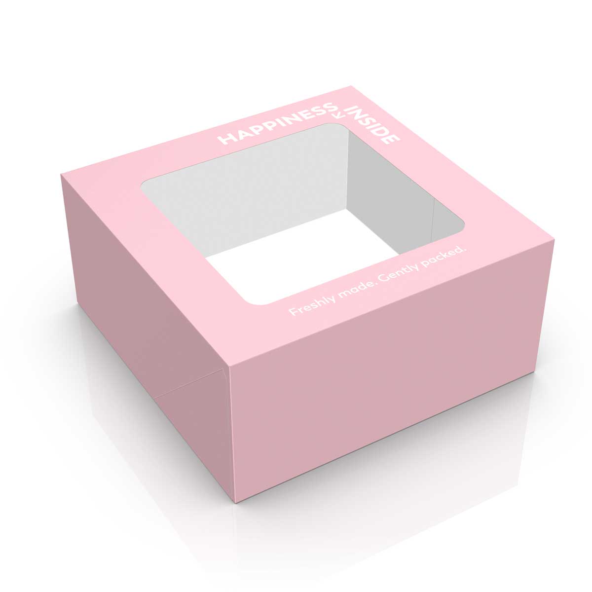 Pink pastry box design with window die cut, typographic message and soft pastel colors. NO IDEA Branding Graphic Design Agency