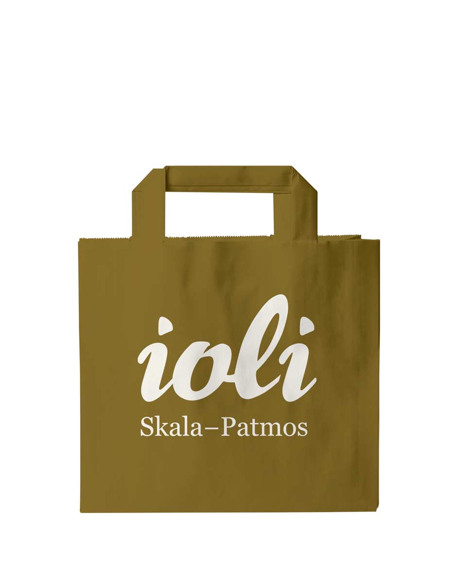 Creative paper bag design for IOLI tourist shop in Patmos with distinctive branding elements. NO IDEA. Branding Graphic Design Agency.
