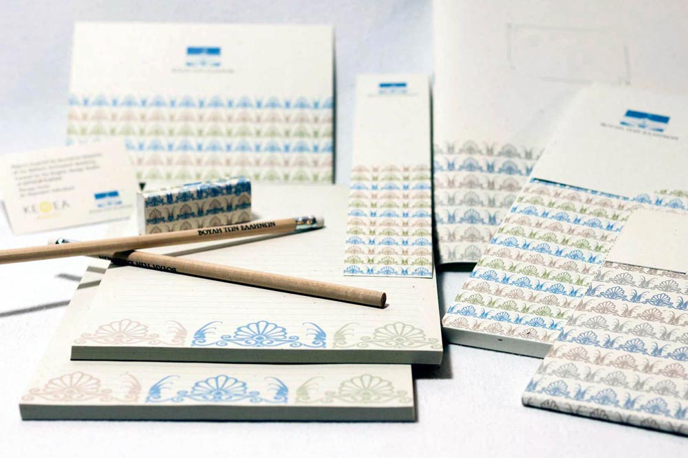 Promotional material design with illustrated institutional elements and luxury aesthetics. NO IDEA. Branding Graphic Design Agency.