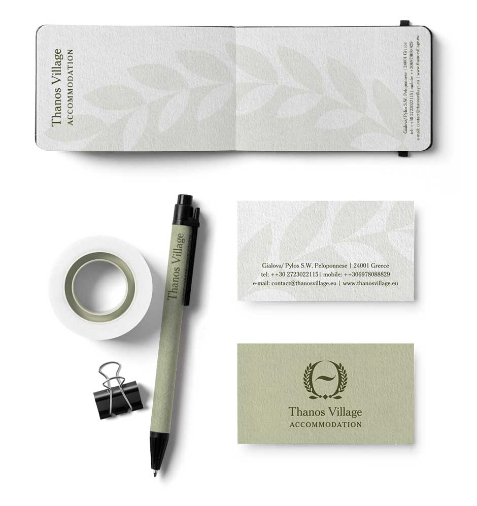 Business cards and communication materials for Greek island hospitality with contemporary design. NO IDEA. Branding Graphic Design Agency.