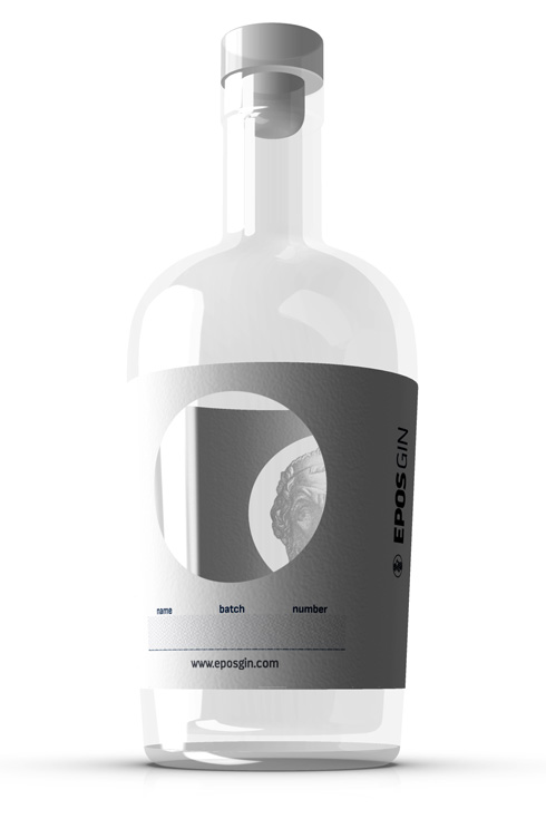 Custom bottle shape and label design creating distinctive shelf presence for EPOS Gin product. NO IDEA. Branding Graphic Design Agency.