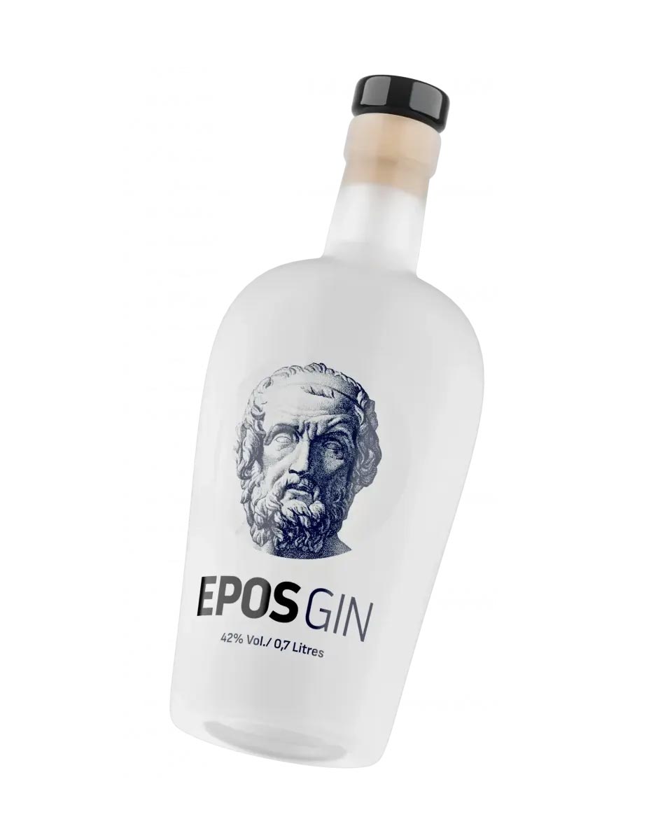 Premium EPOS Gin white label design with Greek-inspired motifs and contemporary typography. NO IDEA. Branding Graphic Design Agency.