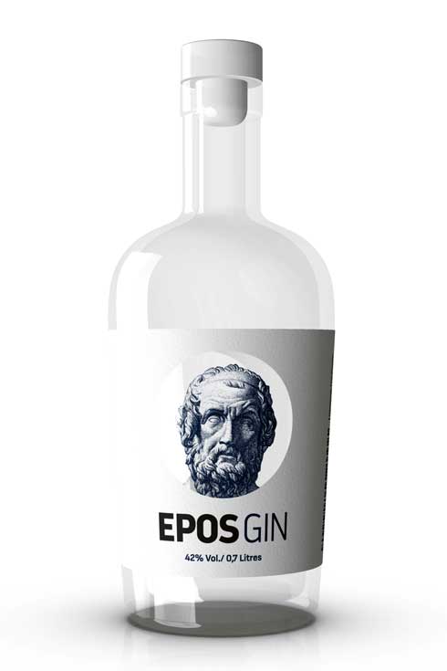 Luxury spirits labeling design with contemporary aesthetic for EPOS Gin bottle packaging. NO IDEA. Branding Graphic Design Agency.