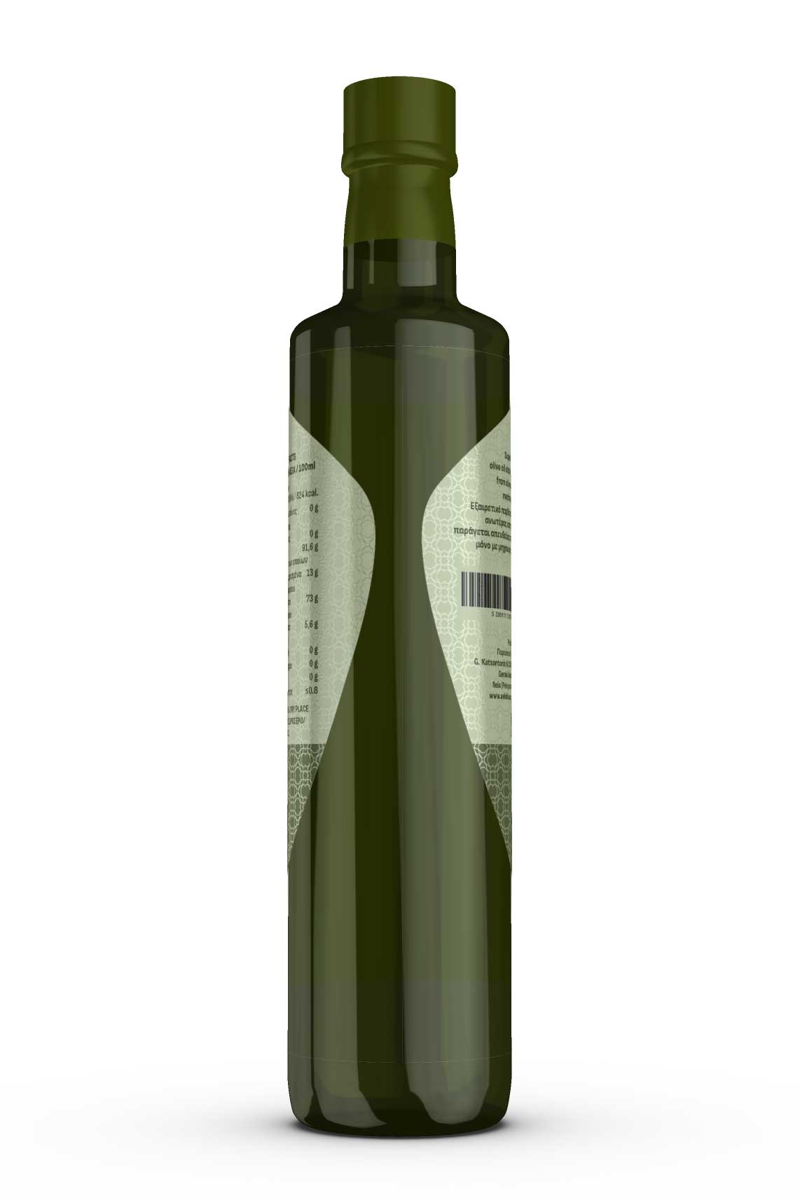 Rear view of olive oil bottle showcasing product information and quality specifications. NO IDEA. Branding Graphic Design Agency.