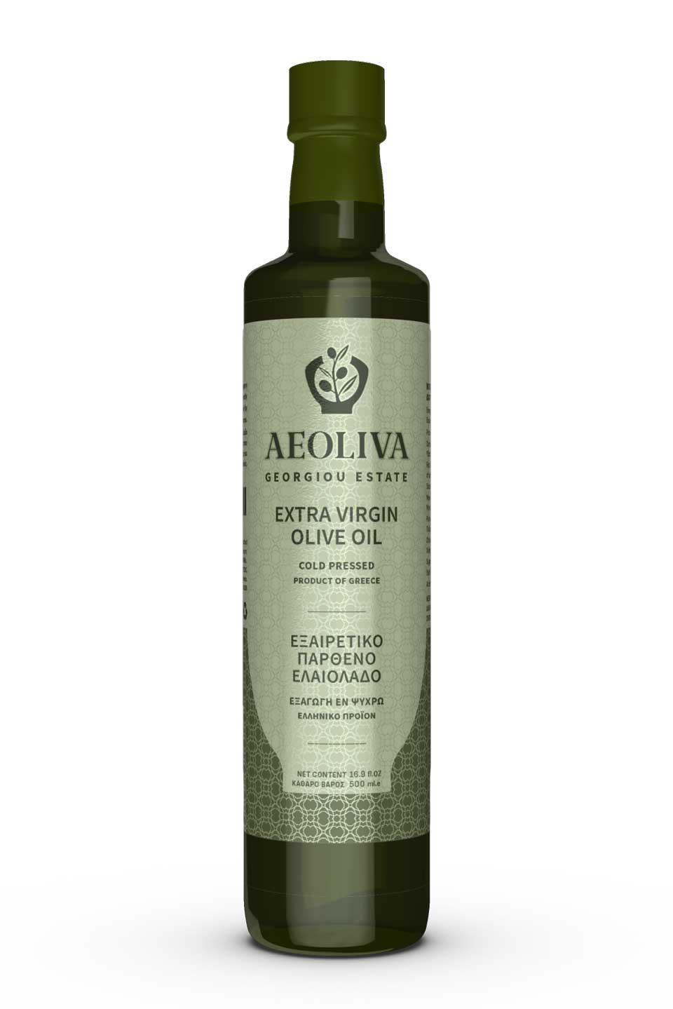 Front view of premium AEOLIVA olive oil bottle with custom designed adhesive label. NO IDEA. Branding Graphic Design Agency.