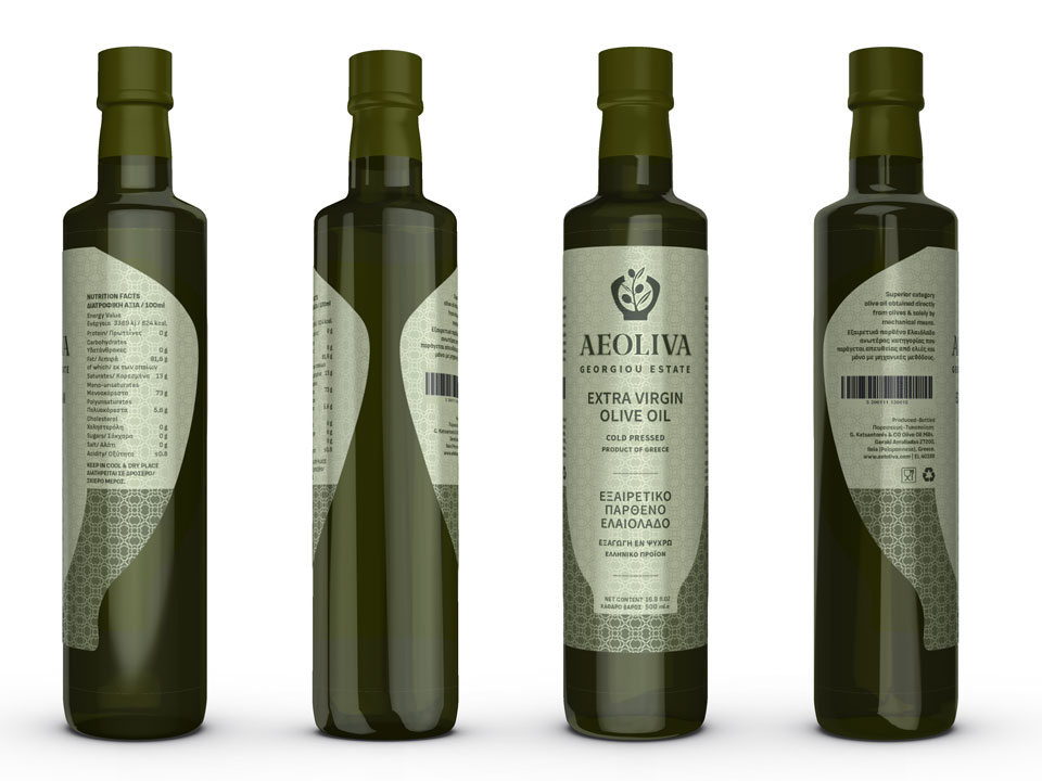Comprehensive adhesive label design for export-quality extra virgin olive oil bottle packaging. NO IDEA. Branding Graphic Design Agency.