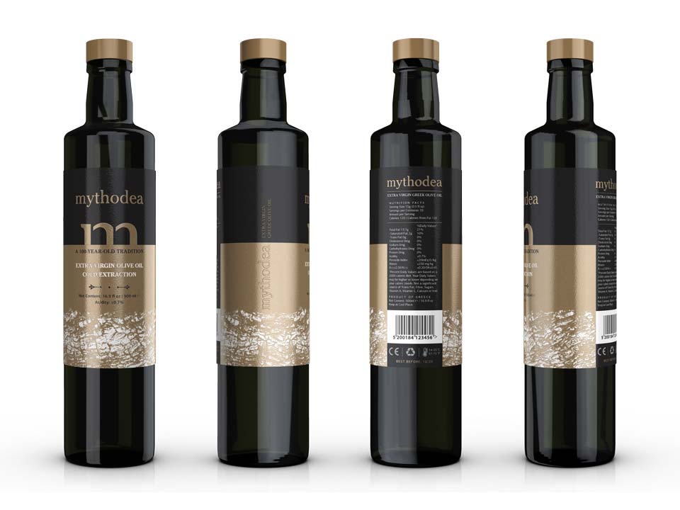 Contemporary premium Mythodea olive oil bottle design with luxury aesthetics and distinctive shape. NO IDEA. Branding Graphic Design Agency.