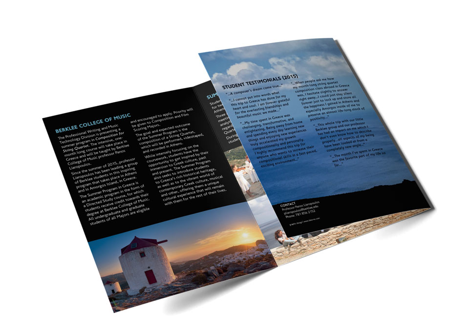 Back cover and interior section of summer music program print materials with contact information and application details. NO IDEA. Branding Graphic Design Agency.