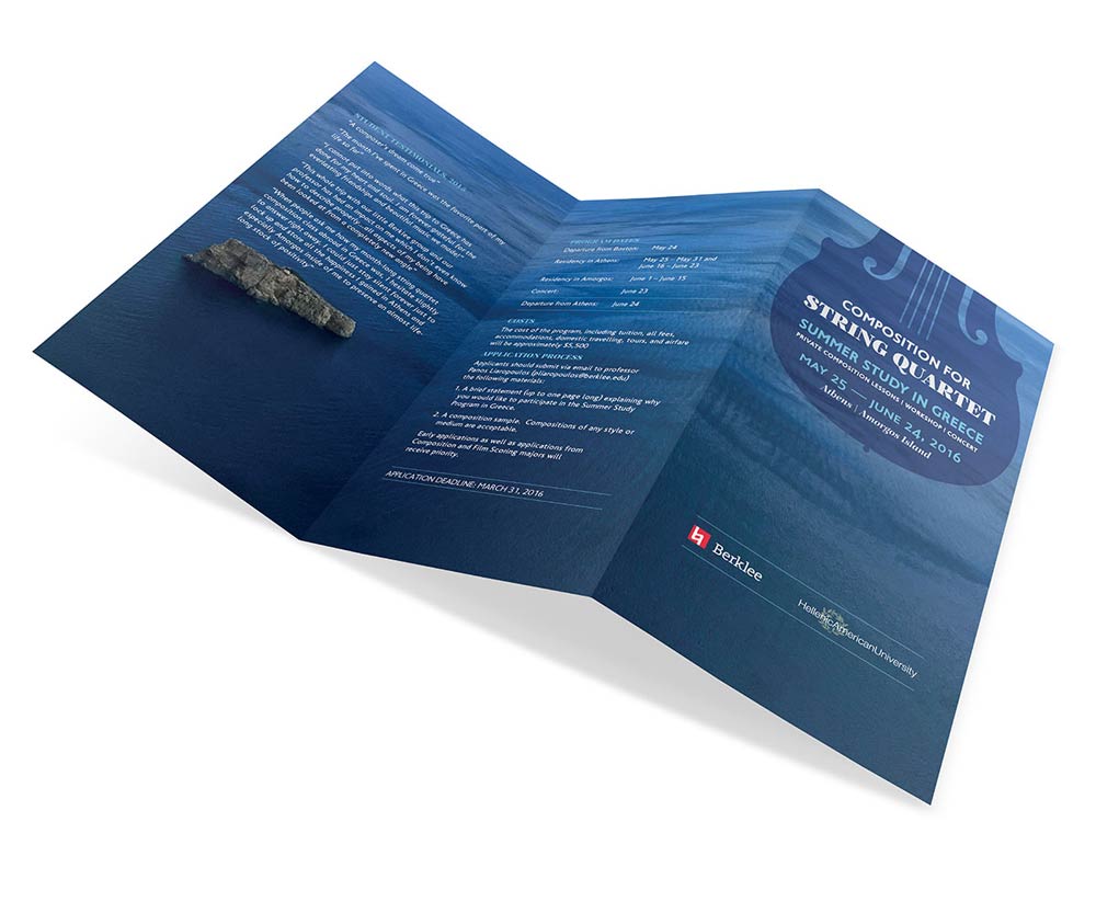 Tri-fold accordion-style brochure for music program - first side featuring study details and course information. NO IDEA. Branding Graphic Design Agency.